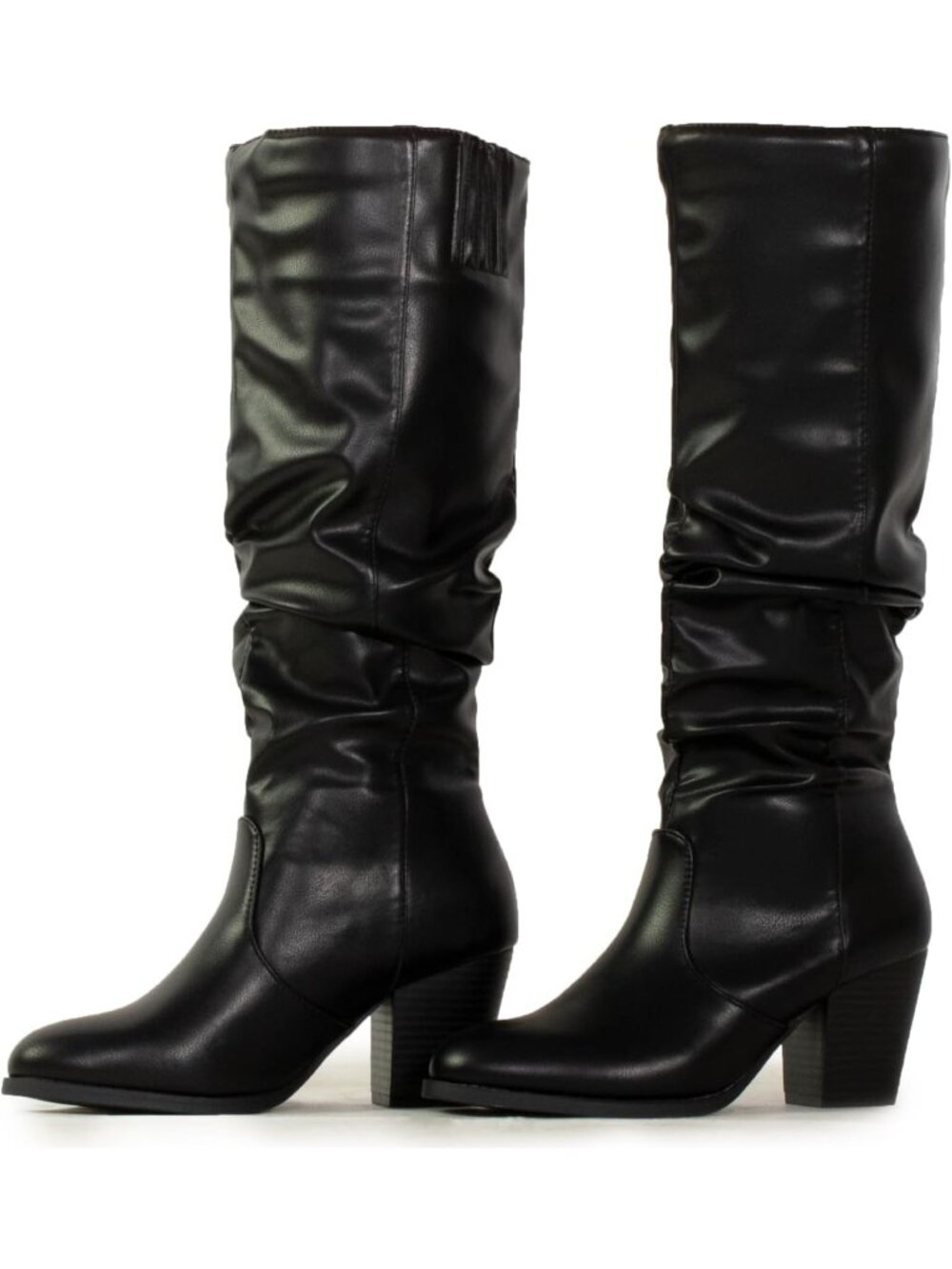 Women's Black Pu Stacked Heel Slouchy Knee High Boots Pull On Round Toe Boots